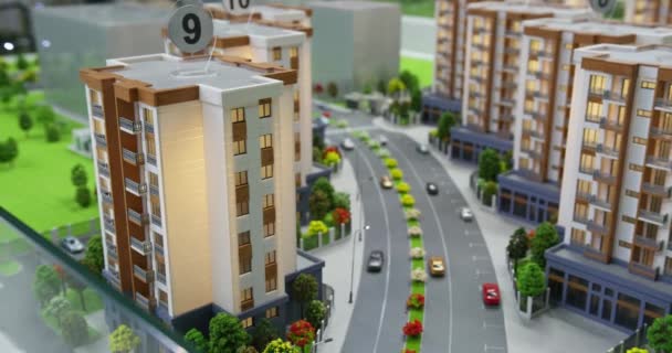 Panorama Modelos Miniatura Edificios Apartamentos Con Iluminación Paisaje Carreteras Coches — Vídeo de stock