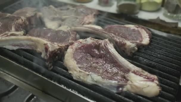 大块的肉排被火烤着 慢动作 — 图库视频影像