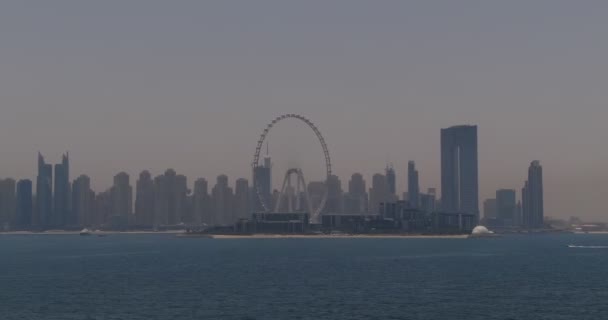 Drone Flies Waves Sea City Shore Dubai United Arab Emirates — Stock Video