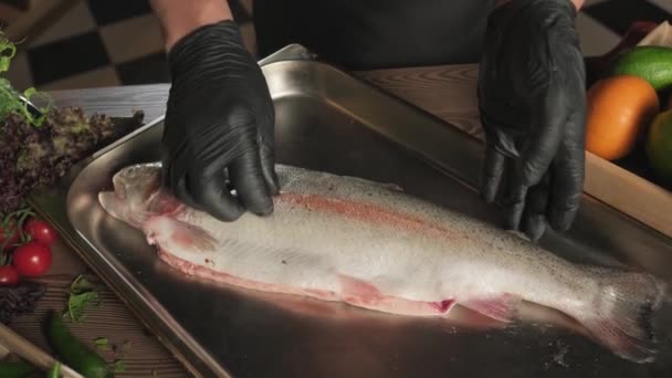 Koch Handschuhen Salzt Fisch Auf Dem Küchentisch Zwischen Kräutern Tomaten — Stockvideo