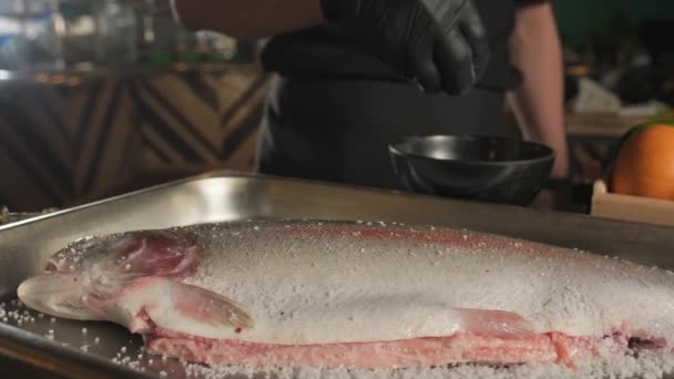 Uno Chef Guanti Sali Peperoni Pesce Sdraiato Sul Tavolo Tra — Video Stock