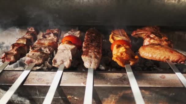 Csirke Hús Máj Kebab Sült Nyitott Grill Faszénnel Lassú Mozgás — Stock videók