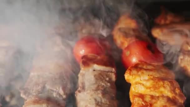 肉和肝的烤面包都是用木炭放在开放的烤架上煎的 慢动作 — 图库视频影像