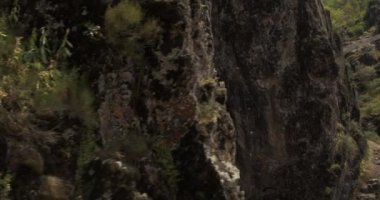Bir dron, dik bir yamaçta tek kolunda asılı duran genç bir atletik kadın dağcının etrafında uçuyor. Hava Görünümü