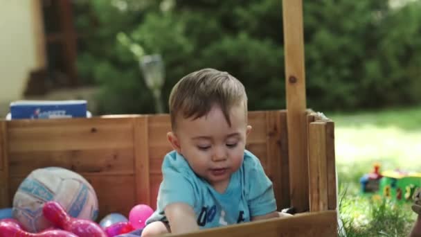 一个小男孩和他的母亲正在草坪上的一个木制鸟笼里玩彩球 阳光灿烂的一天 慢动作 靠近点 — 图库视频影像