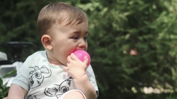 Garotinho Shorts Senta Grama Parque Brinca Com Uma Bola Plástico — Vídeo de Stock