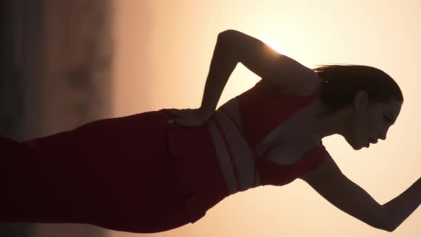 Vertical Portrait Silhouette Young Woman Light Dress Desert Background Sunset — Stock Video