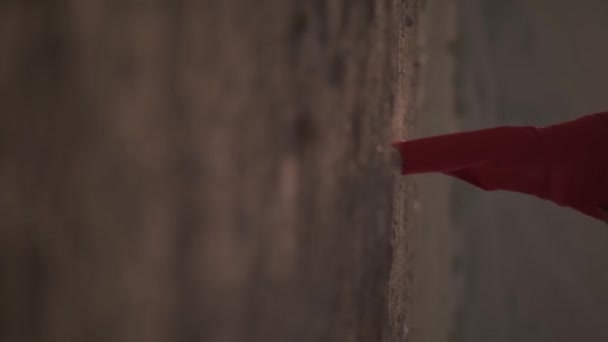 Stopy Młodej Kobiety Czerwonej Sukience Chodzącej Boso Pustynnym Piasku Tle — Wideo stockowe