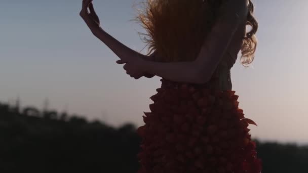 秋の花の衣装で美しい若い女性のトーソのクローズアップと山の日没の背景に葉 スローモーション — ストック動画