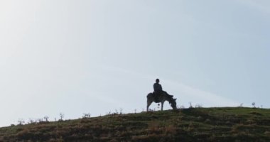 Gün batımının arka planında, dağlarda eşeğe binen bir çocuğun silueti. Yavaş Hareket.
