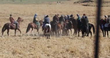 At sırtında bir grup adam sonbahar tepelerinde Asya oyunu oynuyorlar. Yavaş Hareket.