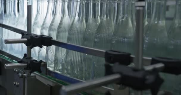 一名工人用她的手检查玻璃瓶在传送机上移动的情况 慢动作 — 图库视频影像