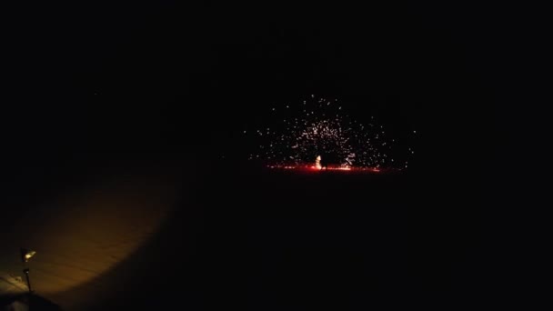 Drone Filming Dancer Fire Night Arabian Carpet Aerial View — Stock Video