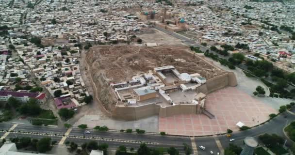 Drone Flies Ancient Ark Fortress Complex House Old Bukhara Uzbekistan — Stock Video