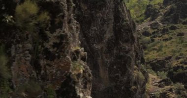 Bir dron, dik bir yamaçta tek kolunda asılı duran genç bir atletik kadın dağcının etrafında uçuyor. Hava Görünümü