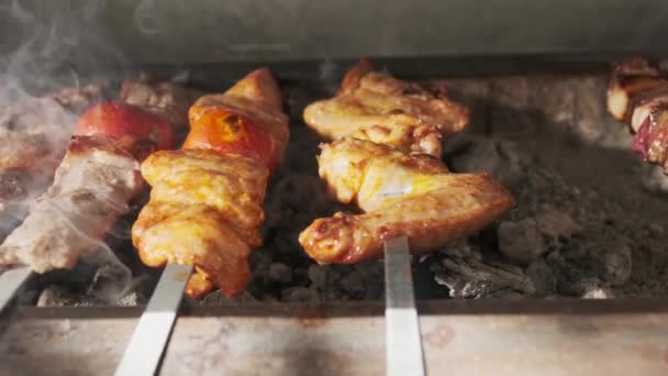 Kuřecí Masové Jaterní Kebaby Smaží Otevřeném Grilu Dřevěným Uhlím Pomalý — Stock video