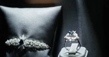 Mücevherler dükkanda. Yüzükler, kolyeler, bilezikler. Yavaş Hareketi Kapat