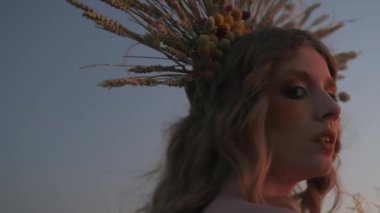 Sonbahar kıyafetli genç bir kadın model dağlarda günbatımına karşı poz veriyor. Yavaş Hareket, Kapat.