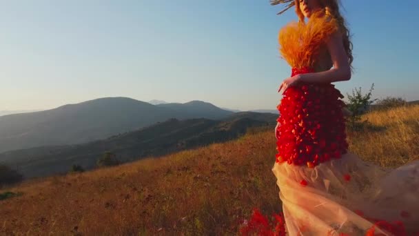 ドローンは 夕日を背景に山の牧草地に秋の服を着た若い女性の上を飛ぶ エアリアルビュー — ストック動画