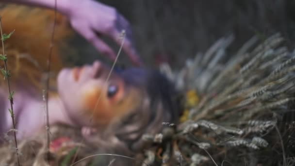 Молодая Женщина Осеннем Дизайнерском Наряде Цветов Листьев Шипов Лежащих Траве — стоковое видео