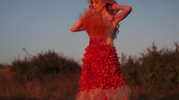 Uma Jovem Mulher Uma Roupa Outono Flores Grama Uma Cobertura — Vídeo de Stock