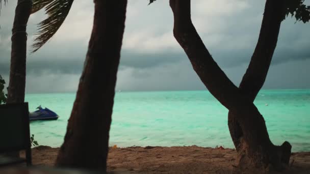 Tropische Palmbomen Aan Zandkust Baai Een Jet Ski Golven Met — Stockvideo