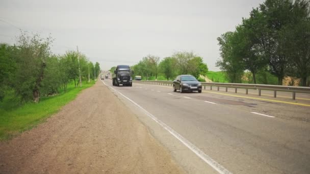 Caminhão Passa Longo Estrada Entre Árvores Campos Dia Nublado Verão — Vídeo de Stock