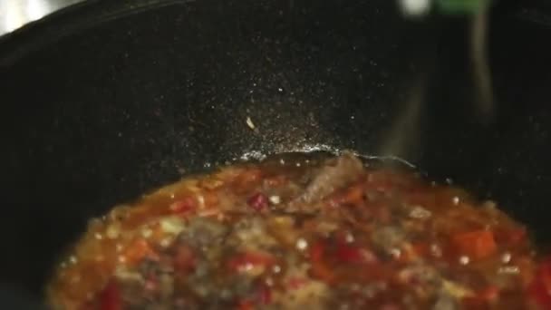 一位老年妇女用木勺在大锅里放盐 辣椒和搅拌食物 洋葱和蔬菜在沸腾的油中煮沸 煤气炉 特写镜头 — 图库视频影像