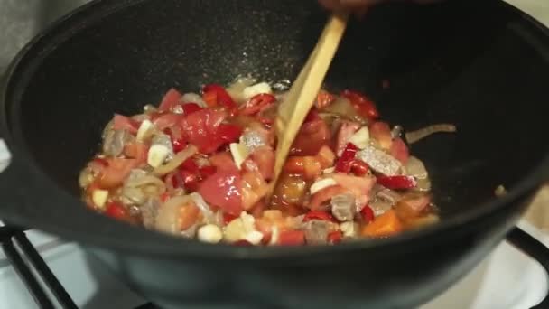 Eine Ältere Frau Rührt Mit Einem Kochlöffel Tomaten Fleisch Zwiebeln — Stockvideo