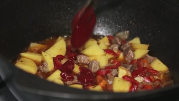 一位老年妇女将番茄酱放入一个装有食物的大锅 并用木勺搅拌 煤气炉 特写镜头 — 图库视频影像