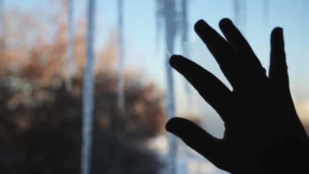 Ruka Mladého Muže Dotýká Rampouchů Visících Okně Pozadí Zimního Města — Stock video