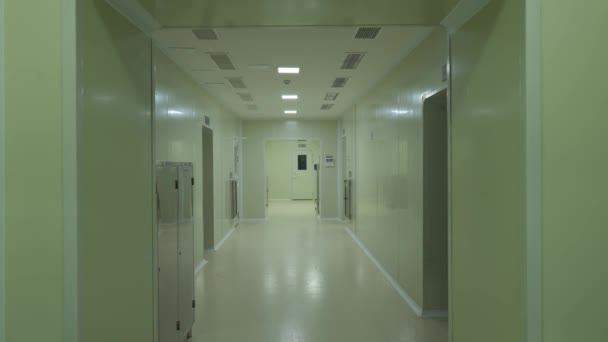 Persone Indumenti Protettivi Chimici Che Camminano Lungo Corridoio Del Laboratorio — Video Stock