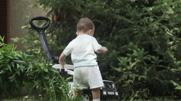 Niño Pequeño Una Camiseta Pantalones Cortos Jugando Jardín Floreciente Con — Vídeos de Stock