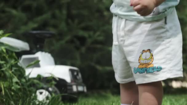 Close Fødderne Lille Dreng Shorts Sandaler Græsset Solrig Dag Langsom – Stock-video