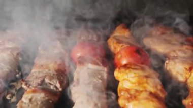 Tavuk, et ve ciğer kebabı açık ızgarada kömürle kızartılır. Yavaş Hareket, Makro.