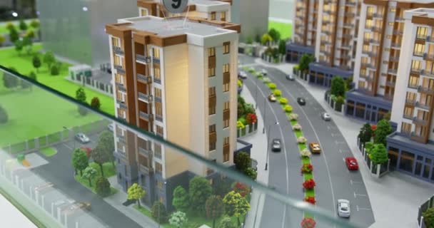 Panorama Modelos Miniatura Edifícios Apartamentos Com Iluminação Paisagem Estradas Carros — Vídeo de Stock