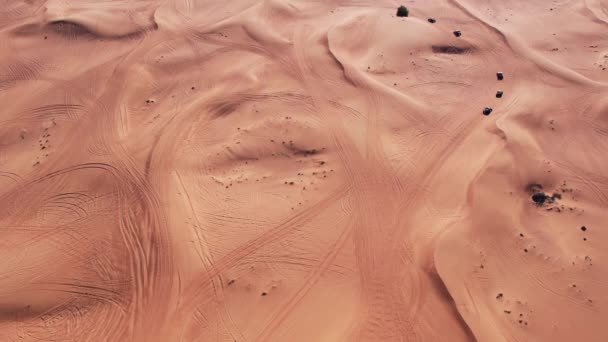 Egy Drón Átrepül Egy Bogaras Karavánon Ami Keresztülmegy Sivatagi Homokon — Stock videók