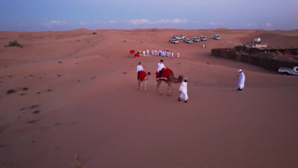 Dubai Zjednoczone Emiraty Arabskie 122023 Dron Latający Nad Turystami Wielbłądzie — Wideo stockowe