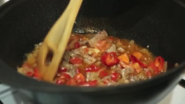Una Anciana Revuelve Tomates Carne Cebollas Verduras Hirviendo Caldero Con — Vídeo de stock