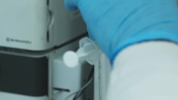 Injecting Liquid Medical Syringe Laboratory Device Experiment Chemistry Laboratory Slow — Stock Video