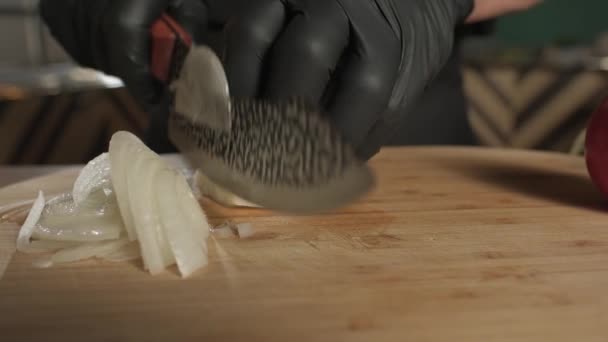 Chef Cutting Onion Knife Cutting Board Slow Motion — Stock Video
