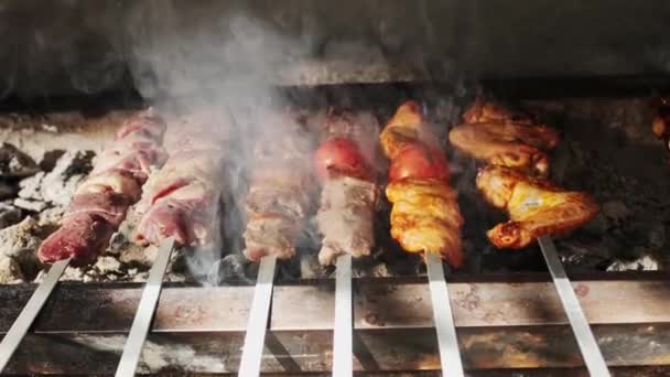 Kurczak Mięso Wątroba Kebaby Smażone Otwartym Grillu Węglem Drzewnym Wolny — Wideo stockowe