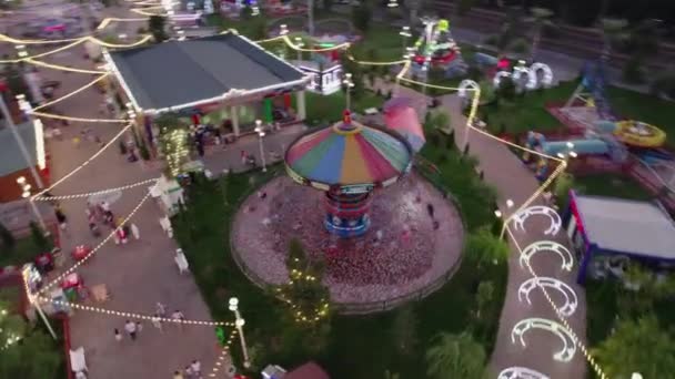 Drone Flies Amusement Park Carousels Ferris Wheel Night Aerial View — Stock Video