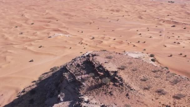 Дрон Летить Над Самотньою Скелею Серед Піщаних Дюн Пустелі Вид — стокове відео