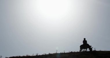 Gün batımının arka planında, dağlarda eşeğe binen bir çocuğun silueti. Yavaş Hareket.