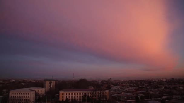 美丽的粉色夕阳笼罩着城市 从远处可以看到电视塔 多云的夏夜 — 图库视频影像