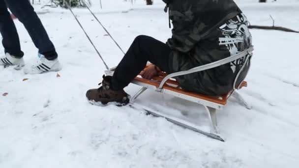 Telecamera Segue Ragazzino Una Slitta Trascinato Attraverso Neve Giovane Uomo — Video Stock