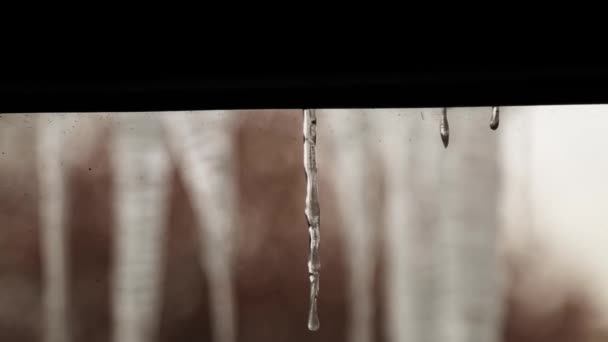 Eiszapfen Fenster Vor Dem Hintergrund Des Winterhimmels Und Der Stadt — Stockvideo
