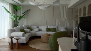 Dubai 'de pahalı bir özel villada oturma odası. Panoramik pencerelerden güneş ışığı alıyor. Yavaş Hareket.