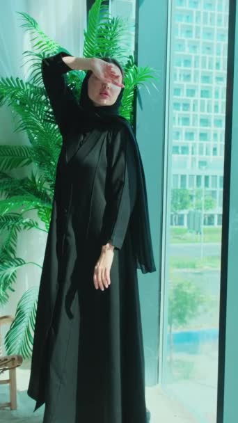 Young Woman Arab National Dress Abaya Dancing Window Close Dress — Stock Video
